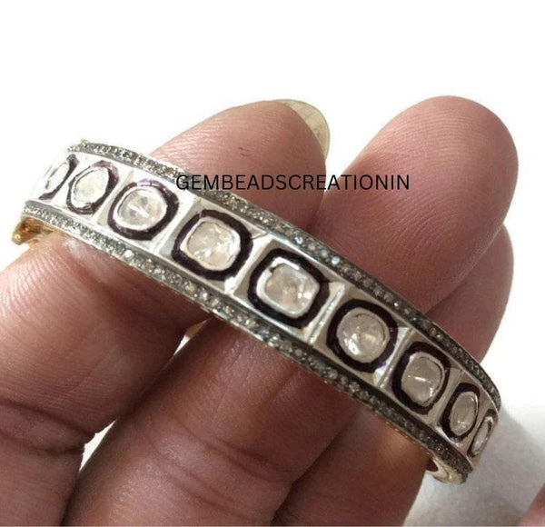 Polki Diamond Victorian Bangle Bracelet Rosecut Pave Diamond Bangle 925 Silver Handmade Diamond Jewelry Gift For Her Uncut Diamond Jewelry