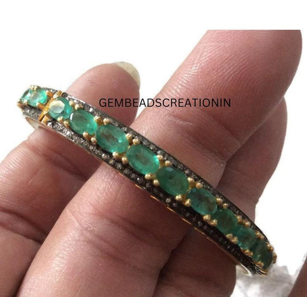 Emerald Diamond Bangle 925 Sterling Silver Pave Diamond Bangle Handmade Fine Jewelry Stacking Bangle Bracelet Birthday Anniversary Gifts