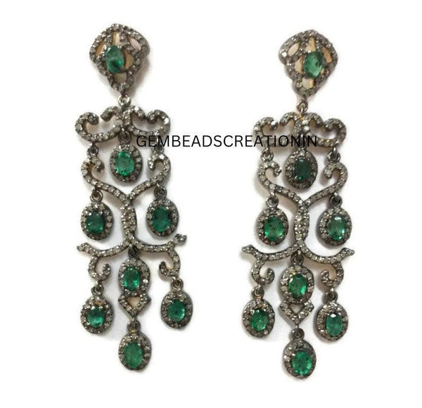 Pave Diamond Emerald Chandelier Earring 925 Silver Diamond Wedding Earrings Gift For Her Gemstone Diamond Earrings Handmade Jewelry