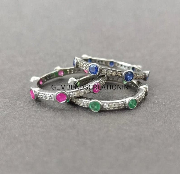 Pave Diamond Band Ring Minimalist Stackable Rings 925 Sterling Silver Handmade Jewelry Gift For Her Emerald, Sapphire Ruby Diamond Bands