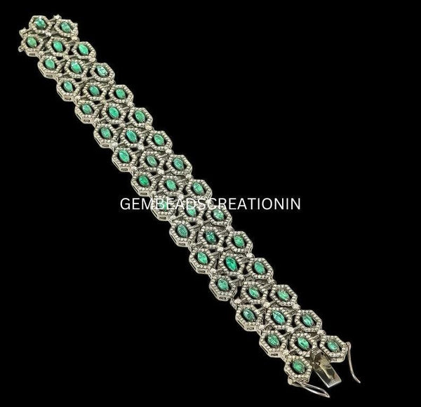 Natural Pave Diamond Emerald Bracelet 925 Sterling Silver Handmade Jewelry Statement Jewelry Anniversary Gift For Her Gemstone Bracelet