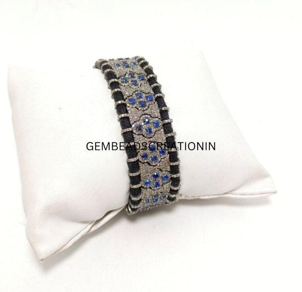 Pave Diamond Sapphire Bracelet Macrame Thread Bracelet Handmade Jewelry 925 Silver Jewelry Gift For Her Stackable Bracelet Gemstone Jewelry