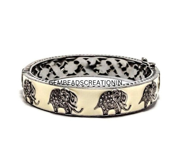 Pave Diamond Bangle Bracelet Enamel Elephant Design Bangle 925 Silver Handmade Jewelry Diamond Jewelry Gift For Her Women Fine Jewelry