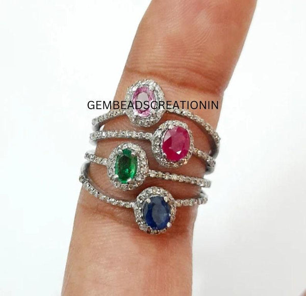 Multi Sapphire Ring Minimalist Rings 925 Sterling Silver Emerald, Sapphire Ruby Gemstone Ring Pave Diamond Ring Anniversary Gift For Her