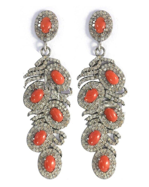 Natural Uncut Pave Diamond Coral Earrings Gemstone Earring 925 Silver Earrings Handmade Jewelry Gift For Her Wedding Anniversary Gifts