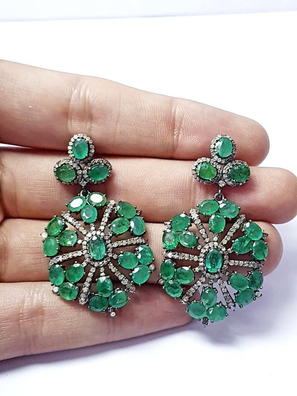 Pave Diamond Emerald Earring 925 Sterling Silver Dangle Earring Gift For Her Handmade Fine Jewelry Wedding Anniversary Gifts