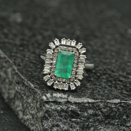 Natural Emerald Ring Pave Diamond Ring 925 Sterling Silver Engagement Wedding Ring Gift For Her Baguette Diamond Birthstone Ring