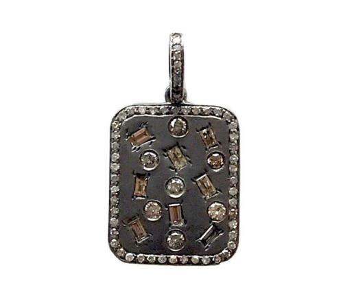 Rosecut Pave Diamond Baguette  Pendant 24x17mm In 925 Sterling Silver